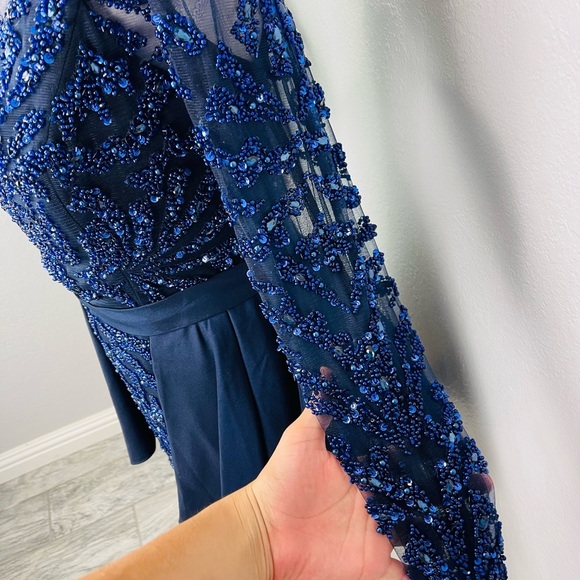 Modessa Couture Blue Embellished Peplum Long Sleeve Prom Homecoming Event Dress - Picture 4 of 16